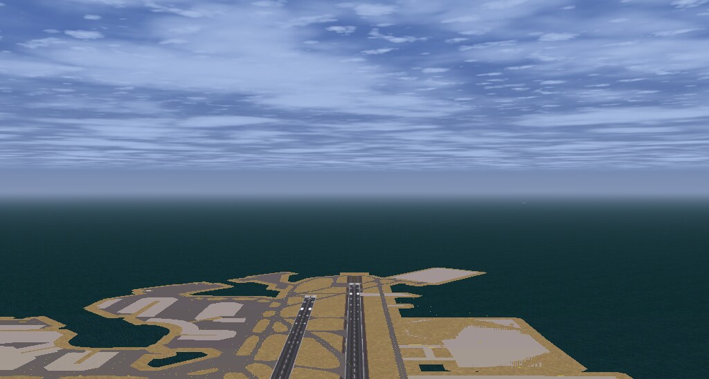 San Francisco International's runways and taxiways rendered in
       FlightGear, surrounded by ocean on every side.