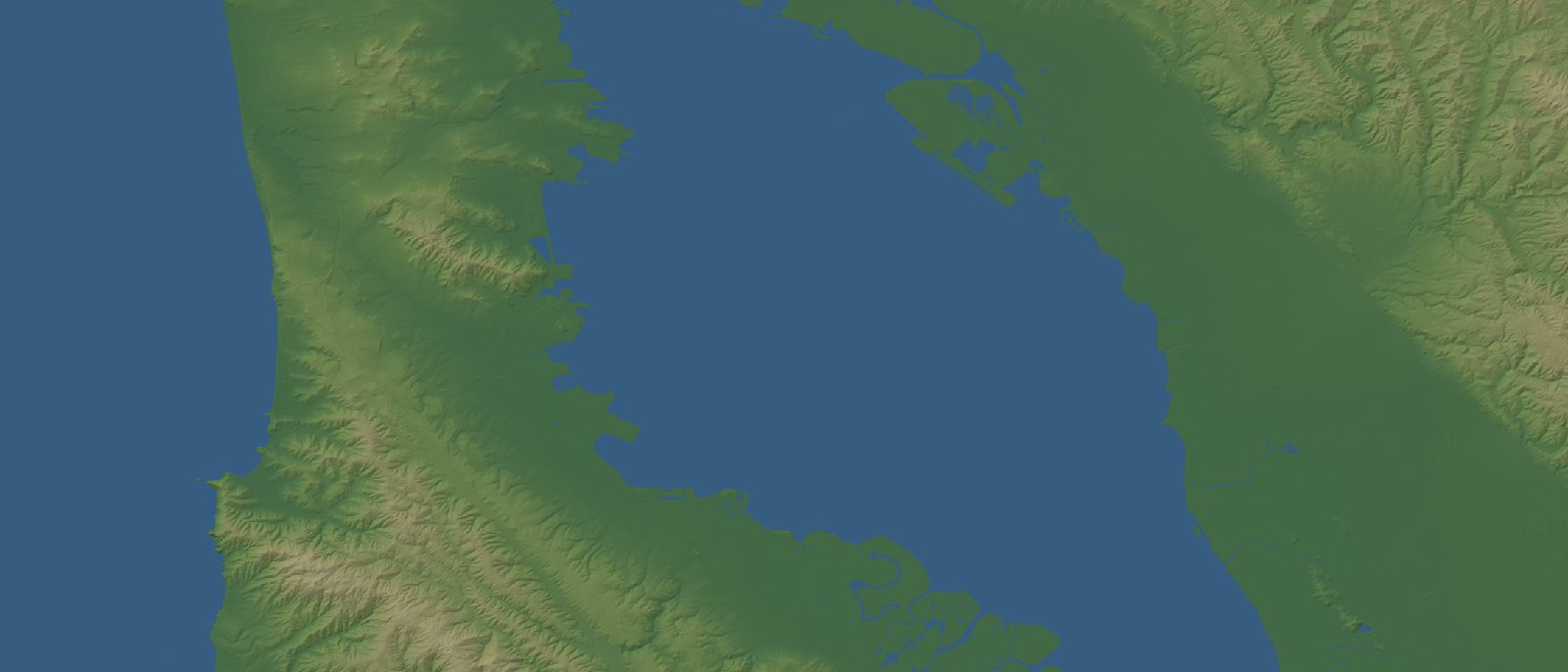Shaded relief of San Francisco Bay: the peninsula, the bay, and the
       East Bay hills, rendered from SRTM elevation data.