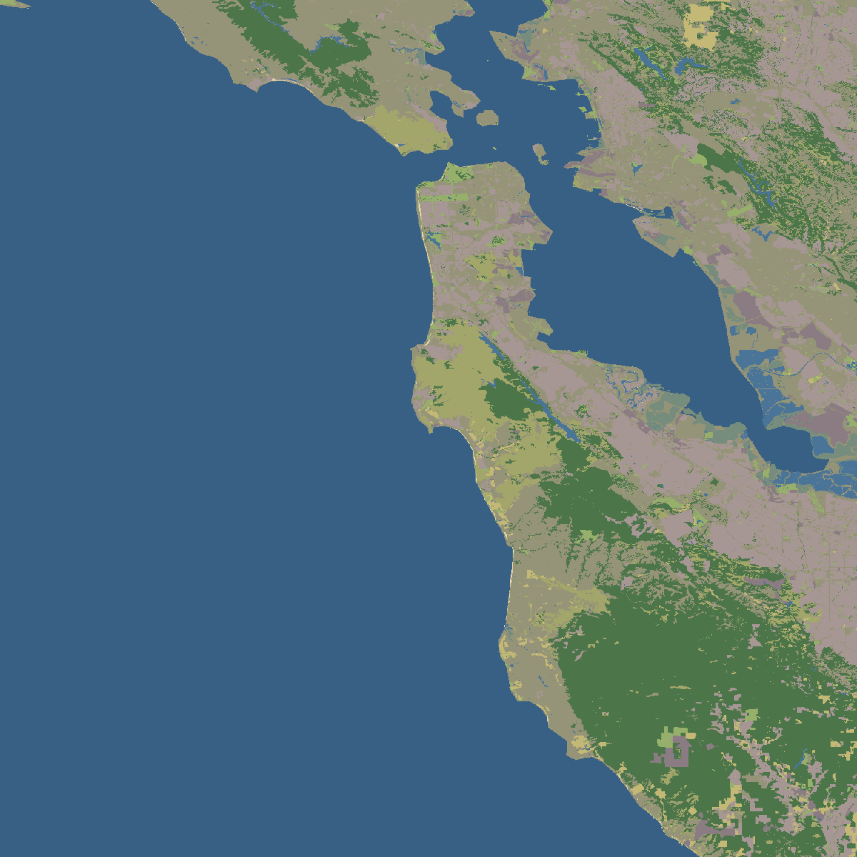 Land cover map of the same square: blue ocean and bay, mauve urban
       areas, dark green coastal forest, olive scrub and grassland inland.
