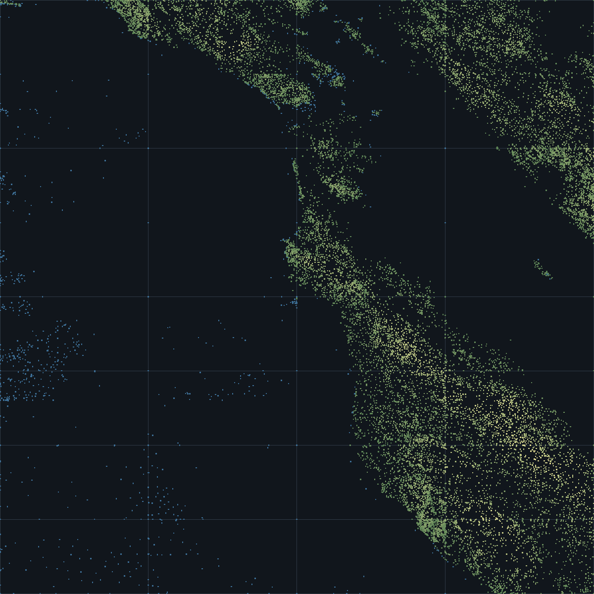 Scatter of fitted terrain nodes across the same square. The ocean
       half is nearly empty; nodes crowd along the coastline and the ridges.