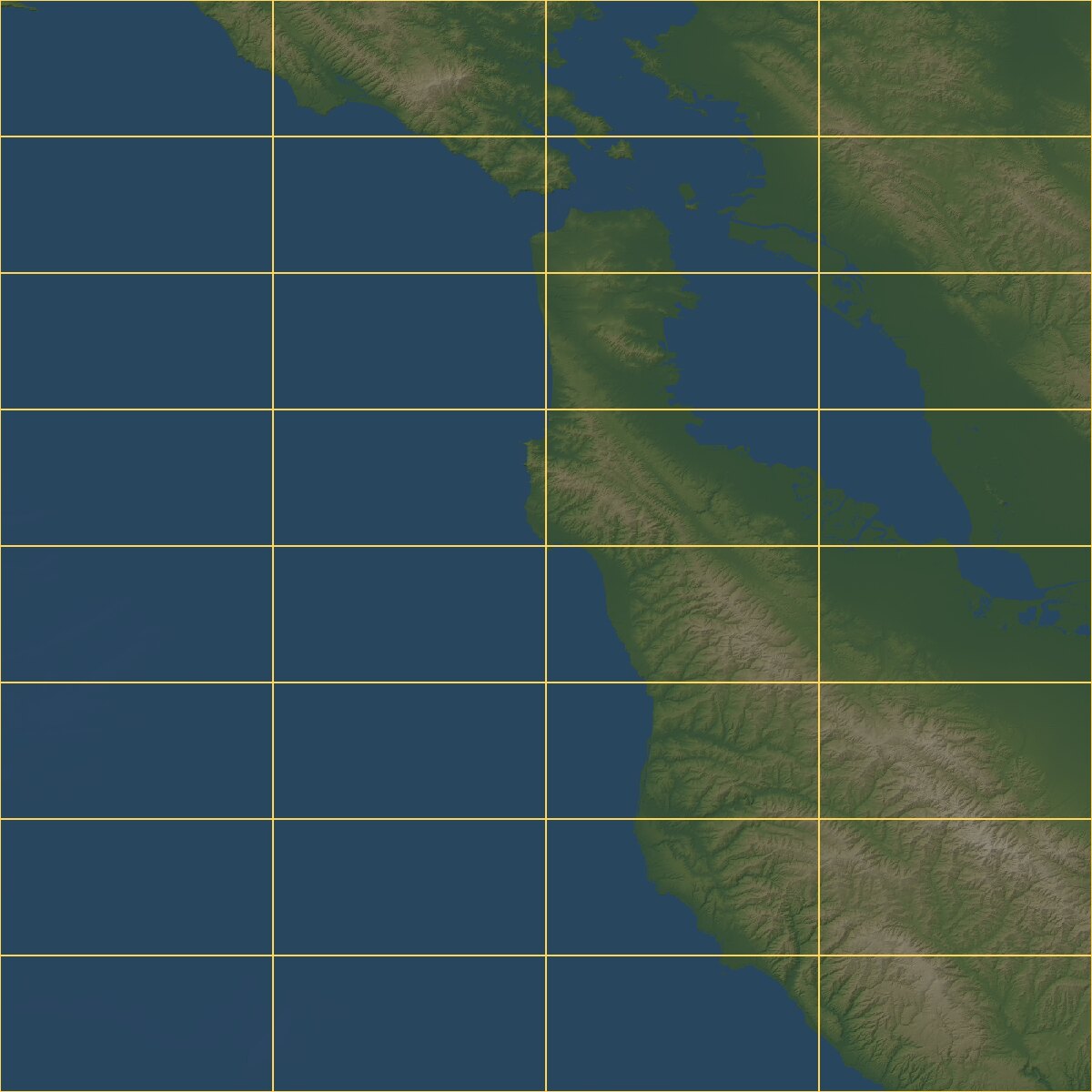 The same terrain overlaid with a four by eight grid of yellow
       rectangles marking FlightGear's scenery tiles.